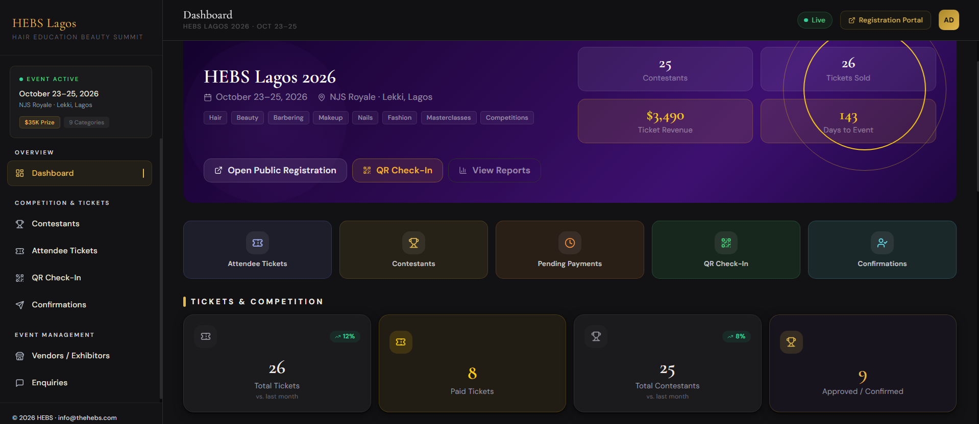 HEBS Event Management Platform, operational screenshot
